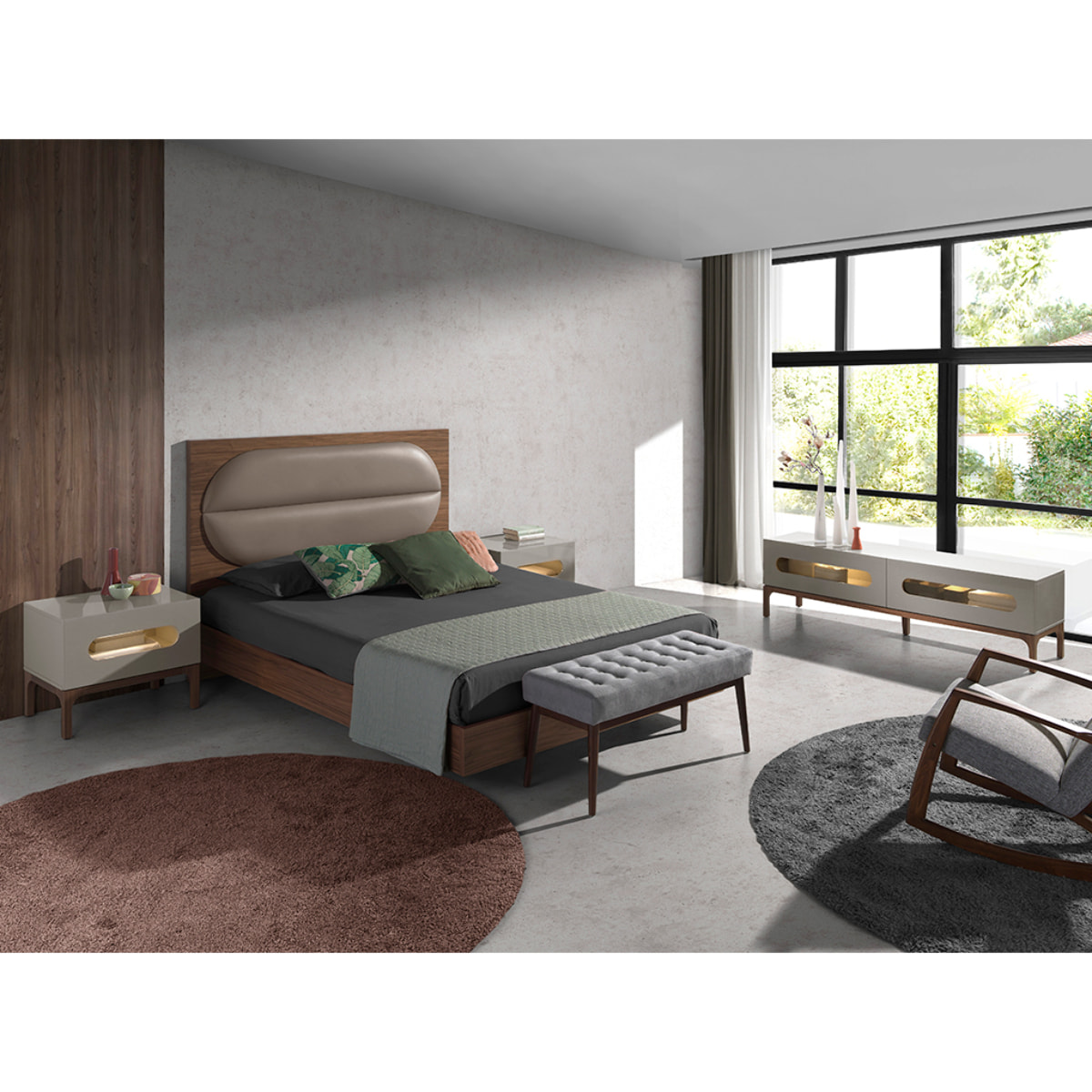 Mueble TV Angel Cerdá con estructura de madera de MDF en gris y patas de madera en nogal con iluminación interior 180x41x51cm