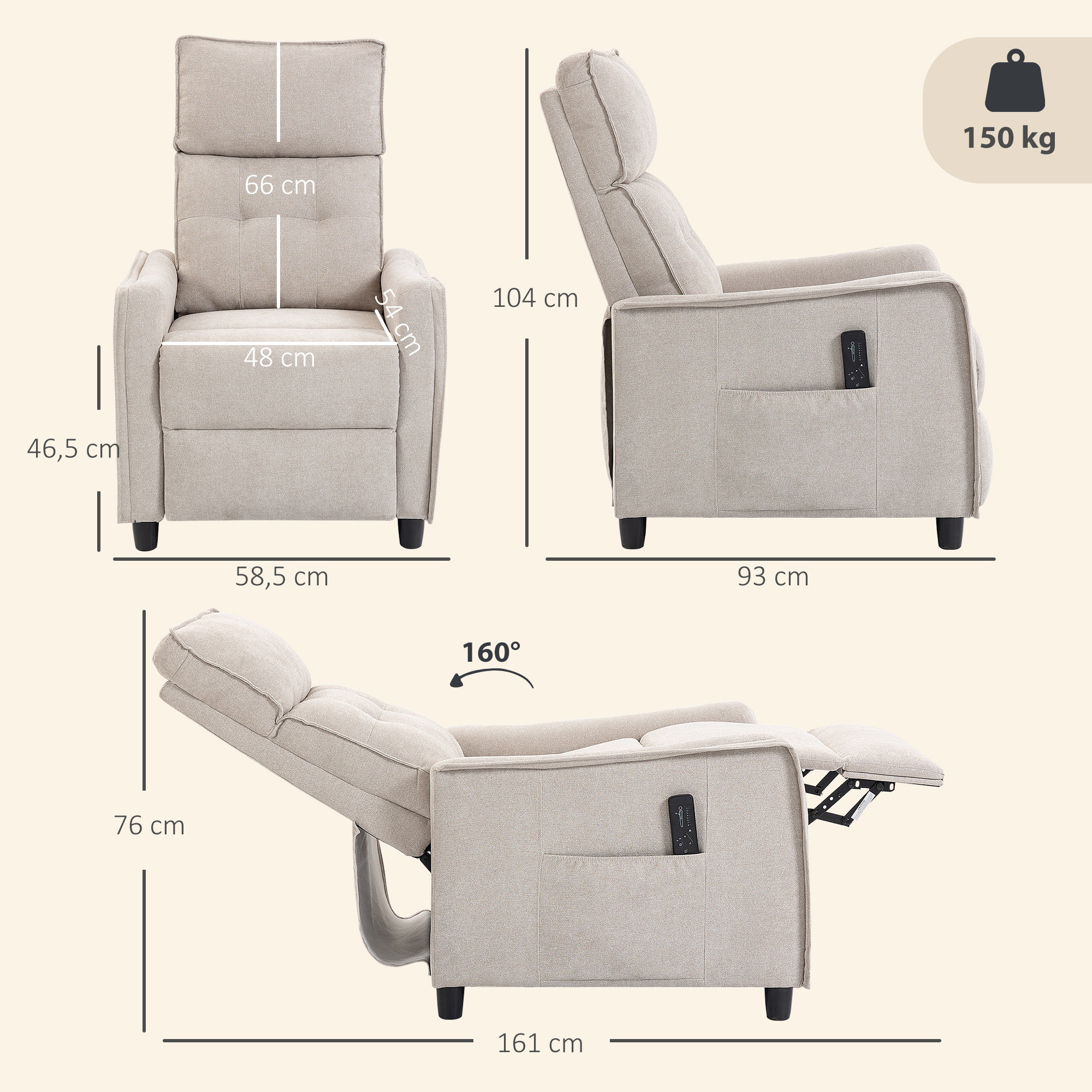 Sillón de Masaje, Sillón Relax Reclinable 160° con Mando a Distancia, Reposapiés, 2 Zonas de Masaje, Asiento de Muelles, Bolsillos, Tapizado en Lino Transpirable para Salón, 69x93x104 cm, Crema