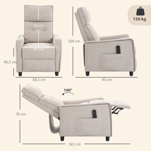 Sillón de Masaje, Sillón Relax Reclinable 160° con Mando a Distancia, Reposapiés, 2 Zonas de Masaje, Asiento de Muelles, Bolsillos, Tapizado en Lino Transpirable para Salón, 69x93x104 cm, Crema