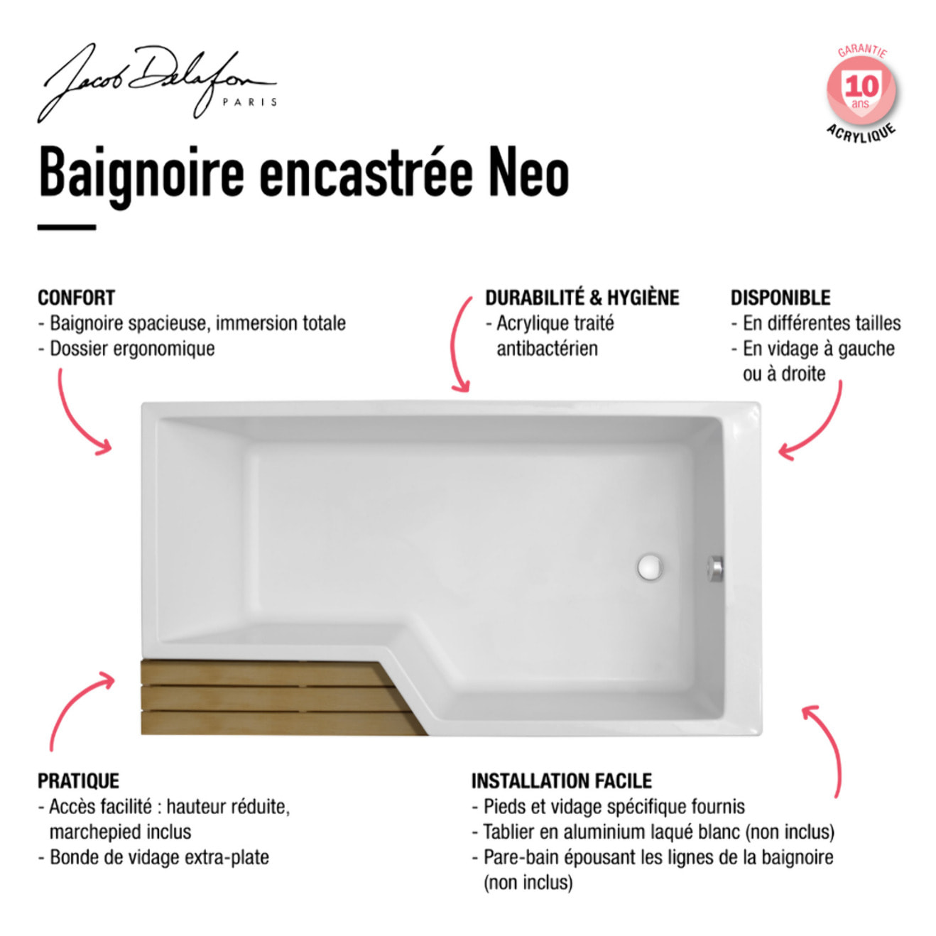 Baignoire antidérapante bain douche Neo blanc mat + pare bain chromé + tablier