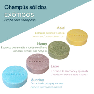 Valquer Pack 4 champús sólidos exóticos: Acid, Luxe, Sunrise y Hemp - 4 uds x 50 Gr