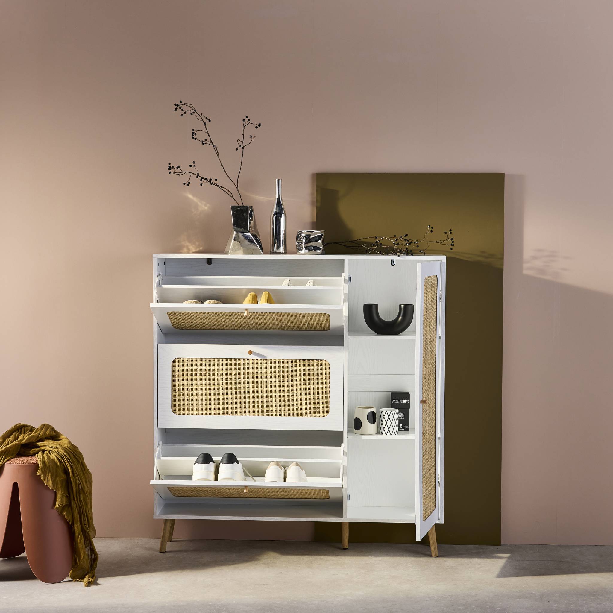Meuble à chaussures décor bois et cannage 3 abattants 1 porte BOHÈME