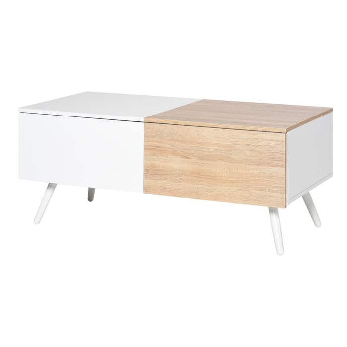 Table basse rectangulaire 2 grands tiroirs coulissants pieds métal blanc MDF bicolore blanc bois clair avec veinage