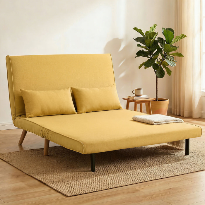 Sofá Cama de 2 Plazas Plegable 3 en 1, Sofá Cama, Tapizado en Lino, con Respaldo Ajustable 5 Posiciones, 2 Almohadas, para Dormitorio, Salón, Amarillo