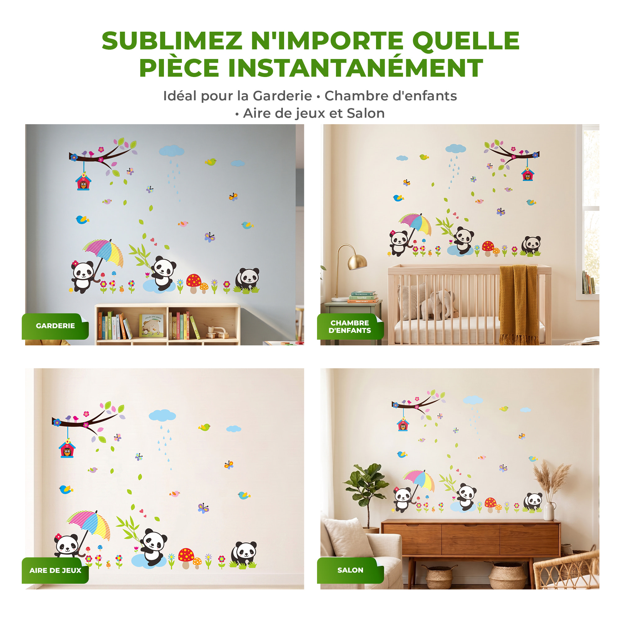 Stickers Muraux décoration adhésifs bébés pandas jouant sous la pluie