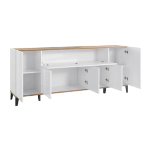 Credenza moderna a 6 ante, Made in Italy, Madia da cucina rialzata, Buffet di design da soggiorno, Cm 200x40h82, Bianco lucido e Acero