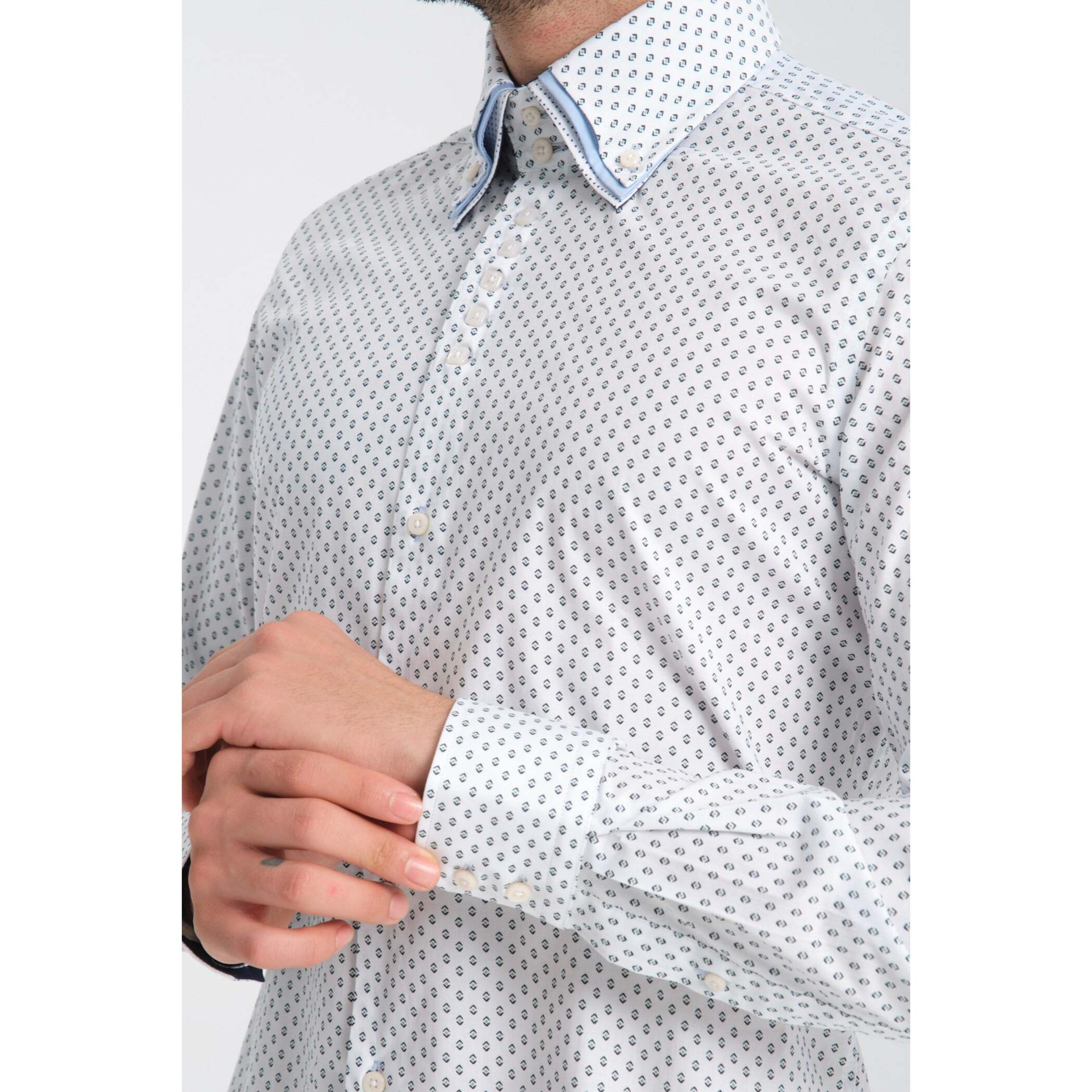 Camicia Uomo 2 Bottoni Button Down Triplo Collo Slim Popeline Stretch Stampato Bianco e Blu