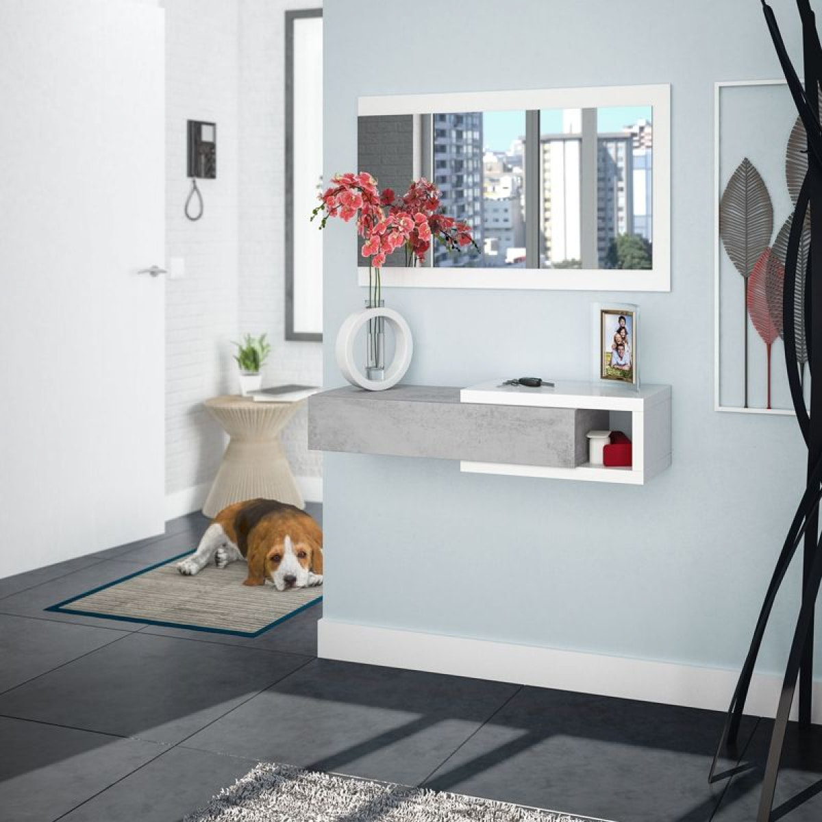 Mueble de recibidor con espejo Noon Blanco Artik (Blanco Mate) - Gris Cemento