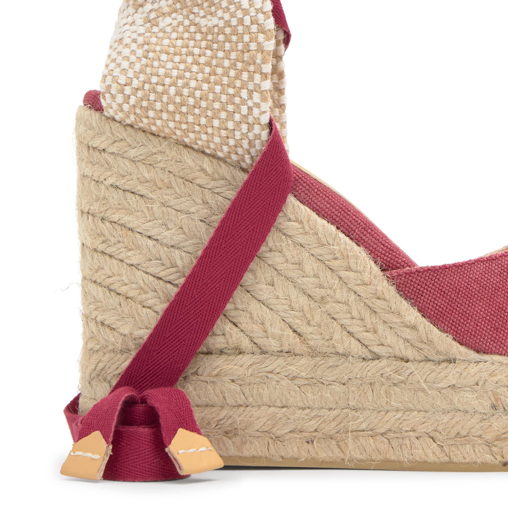 Alpargata de cuña 8 cm en lona de algodón con cintas al tobillo y talonera trenzada