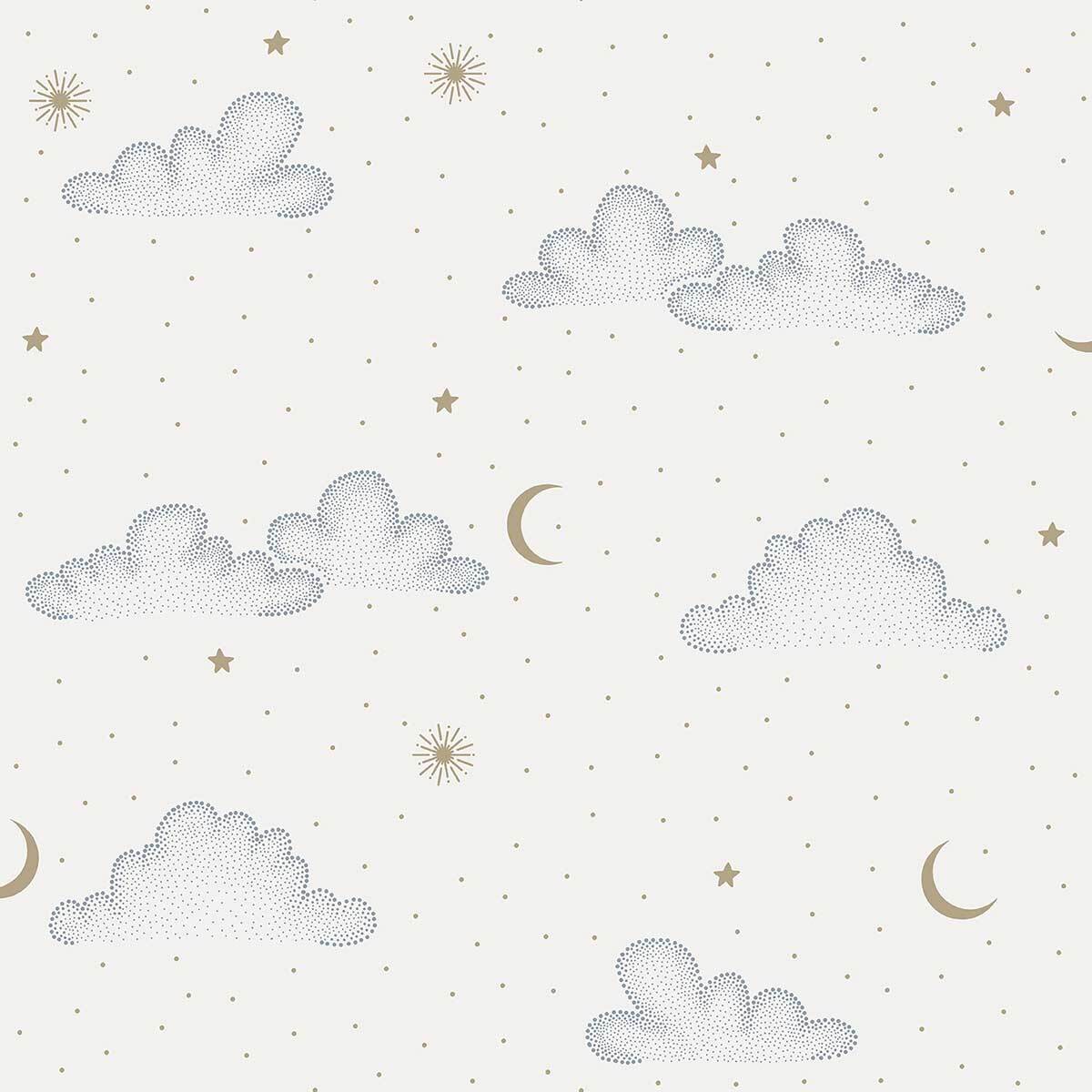 Papier peint nuages étoiles lune fond crème