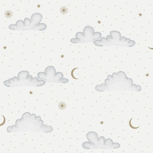 Papier peint nuages étoiles lune fond crème