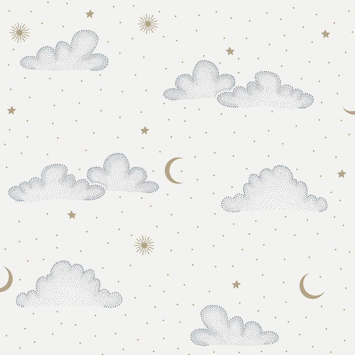 Papier peint nuages étoiles lune fond crème