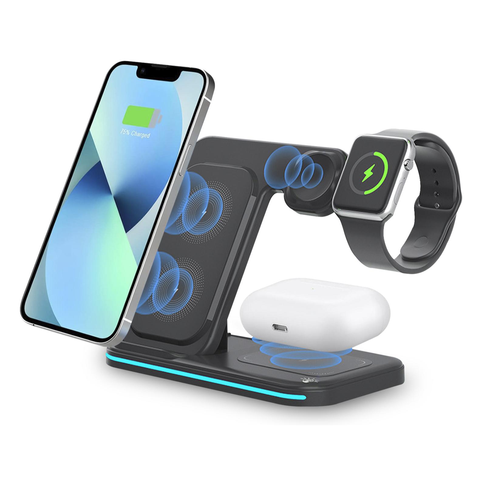 Base di ricarica wireless pieghevole 3 in 1. Base Qi da 15 W a doppia posizione, caricabatterie per Apple Watch e base Qi. Con luce ambientale. Funzione supporto.