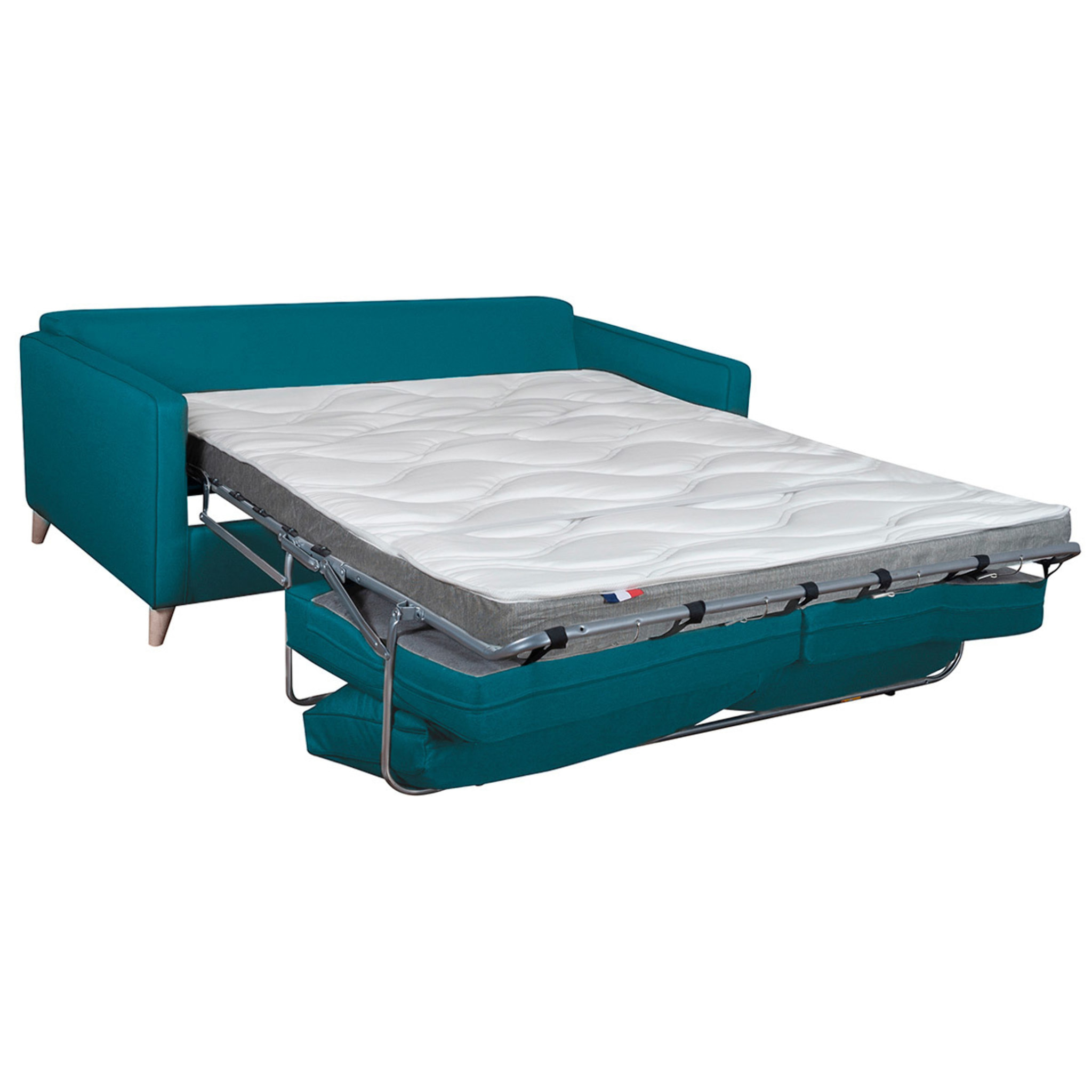 Canapé convertible scandinave 3 places en tissu bleu canard et bois clair avec matelas 10 cm PAPEL