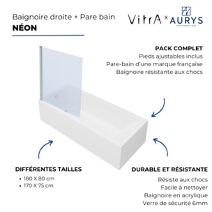 Baignoire rectangulaire VITRA Neon 170x75cm + Pare bain droit AURYS Raywall noir mat profilé droite