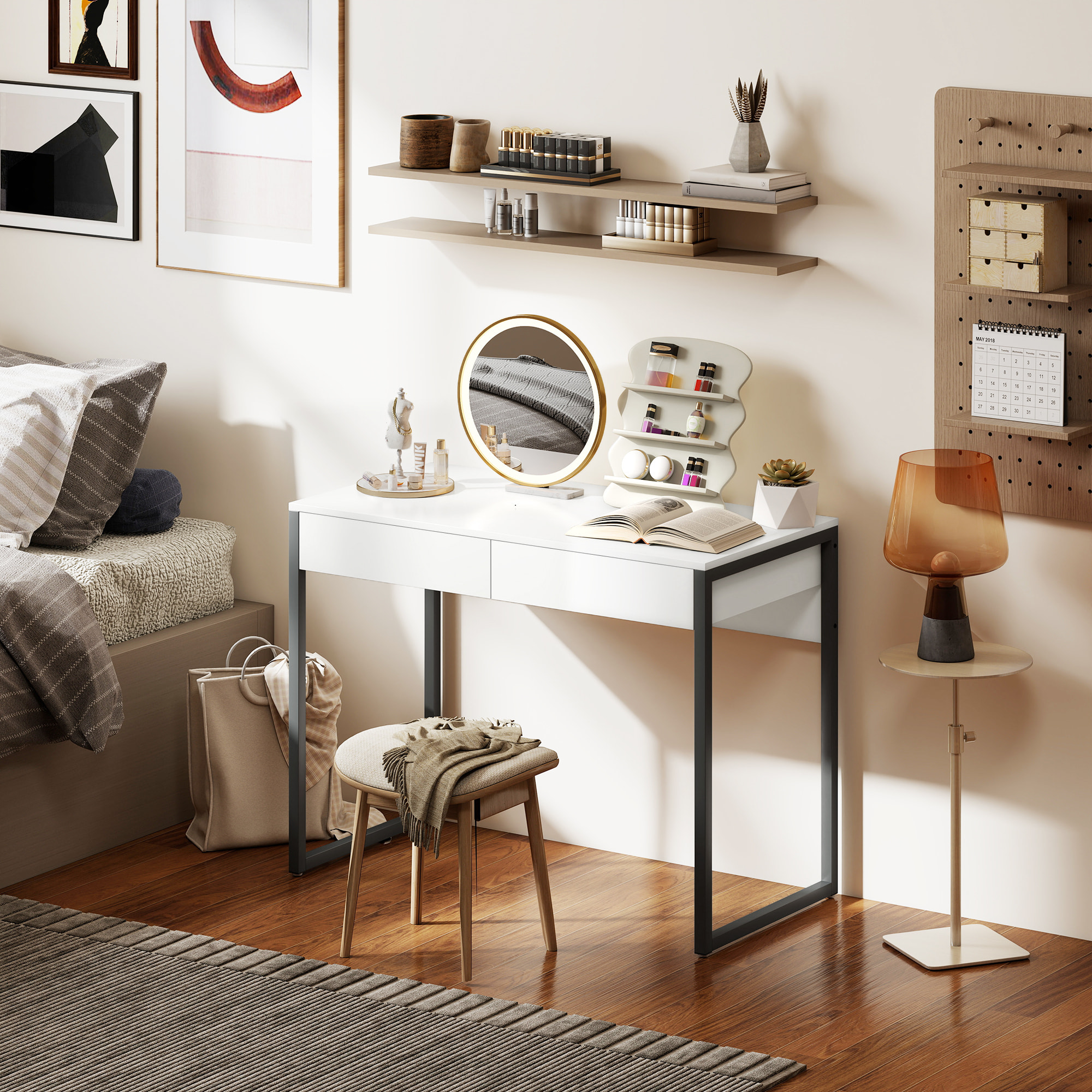 Escritorio con 2 Cajones, 100x50x75 cm, Mesa de Escritorio, Mesa de Ordenador, Marco de Acero, para Casa, Oficina, Espacios Pequeños, Blanco Brillo