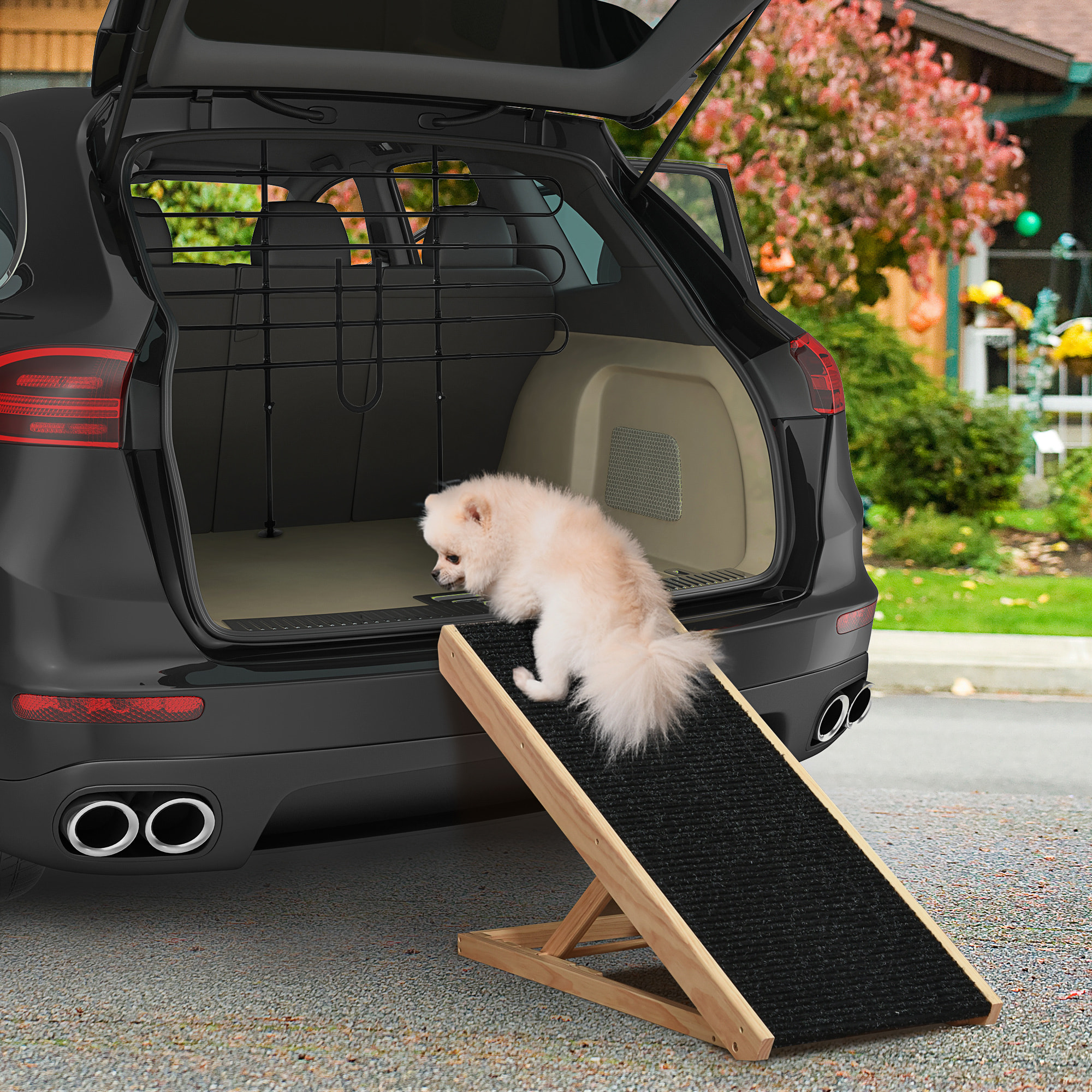 Conjunto para Mascotas Juego de Separador de Coche para Perros Ajustable y Rampa Plegable para Perros con Altura Ajustable 87-135x85-120 cm 90x40x61 cm Negro y Natural