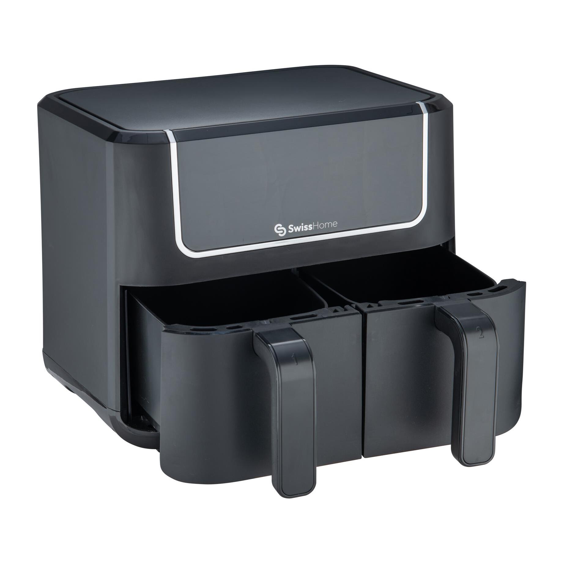 Freidroa de aire de 2100W y 2 Ollas de 3L con 8 Funciones, revestimiento antiadherente y pantalla LED SwissHome