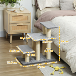 Escalera para Gatos de 3 Peldaños, Escalera para Mascotas, Estructura Ajustable, con Postes Rascadores, Bola Colgante, Carga 10 kg, para Cama, Sofá, 52x34,5x54 cm, Gris