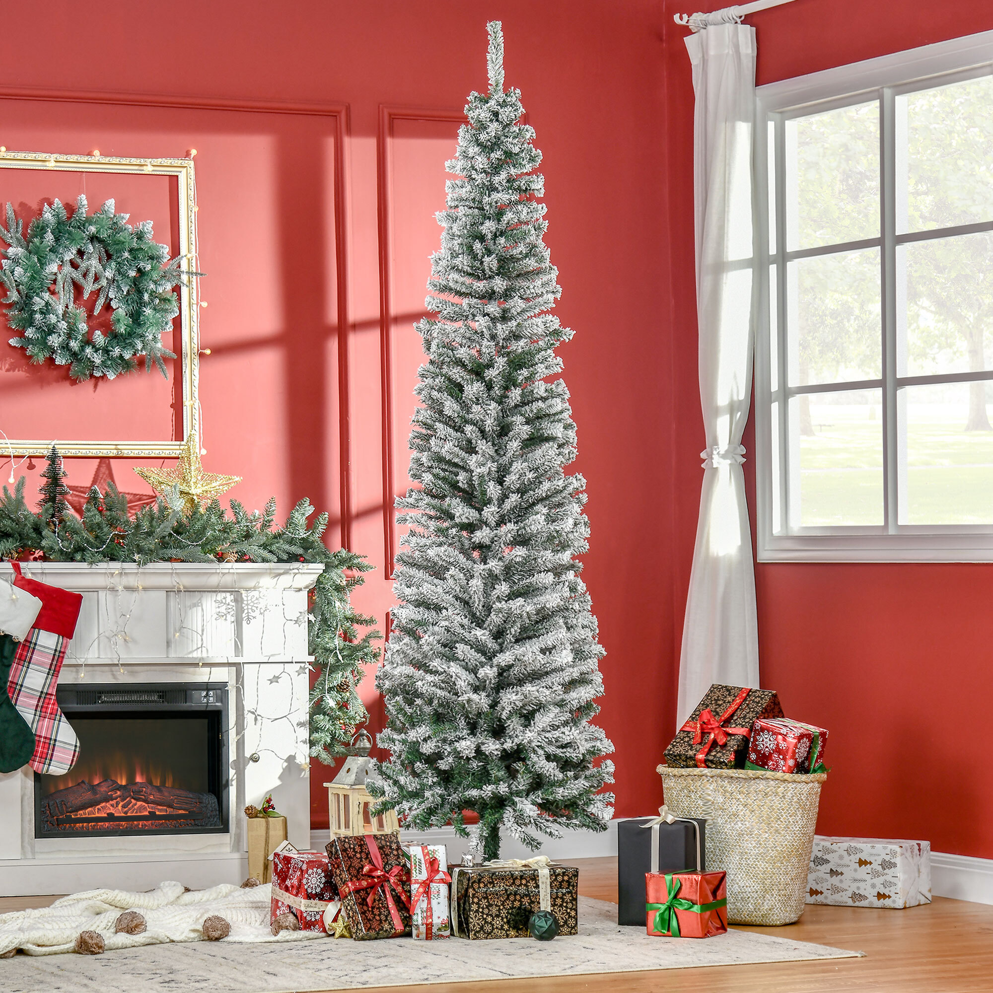 Árbol de Navidad 225 cm Árbol de Navidad Artificial Nevado con 738 Ramas y Soporte de Metal Árbol Navideño para Salón Verde y Blanco