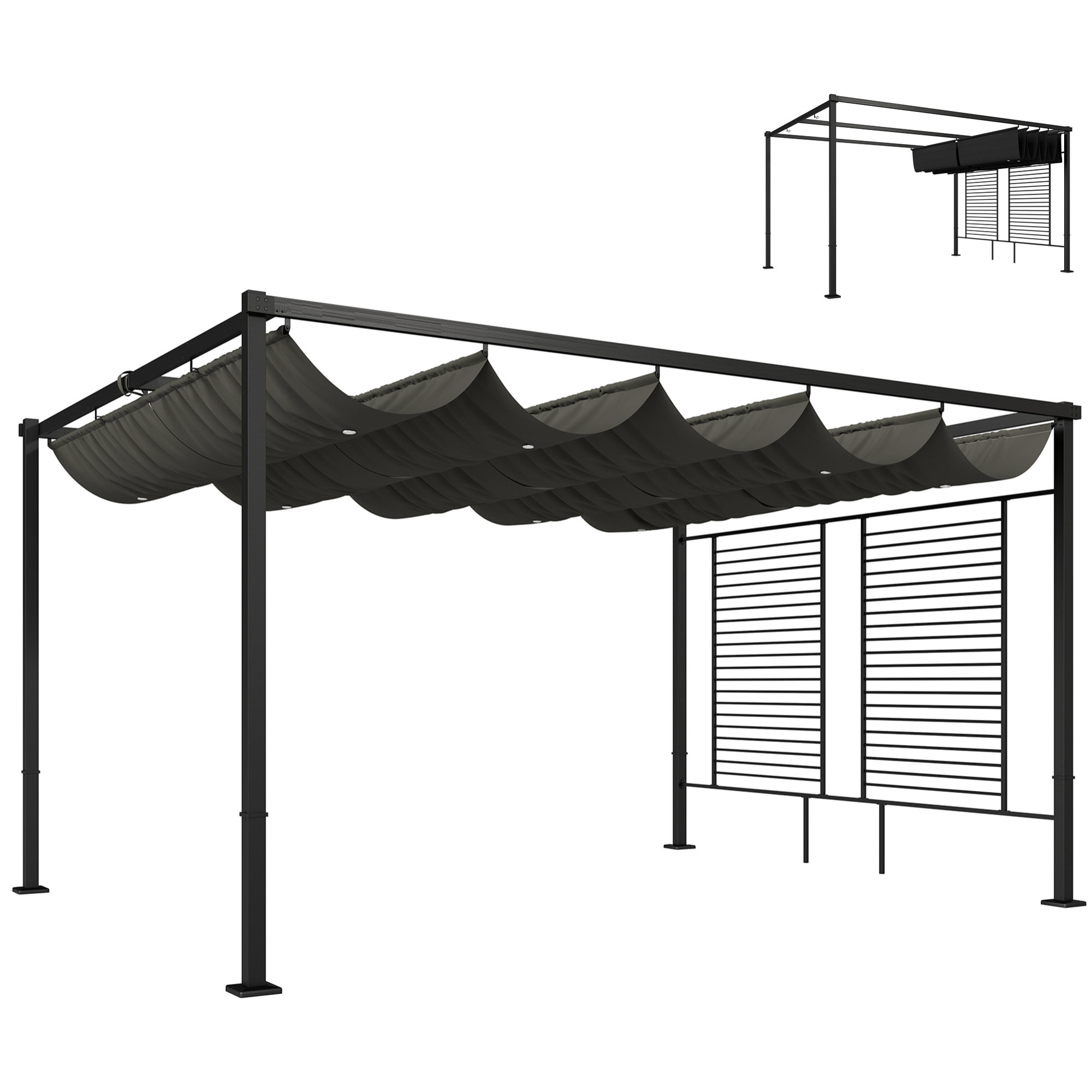 Pergola design 3x4m 2 toiles ajustables UV50+ treillis latéral acier anthracite