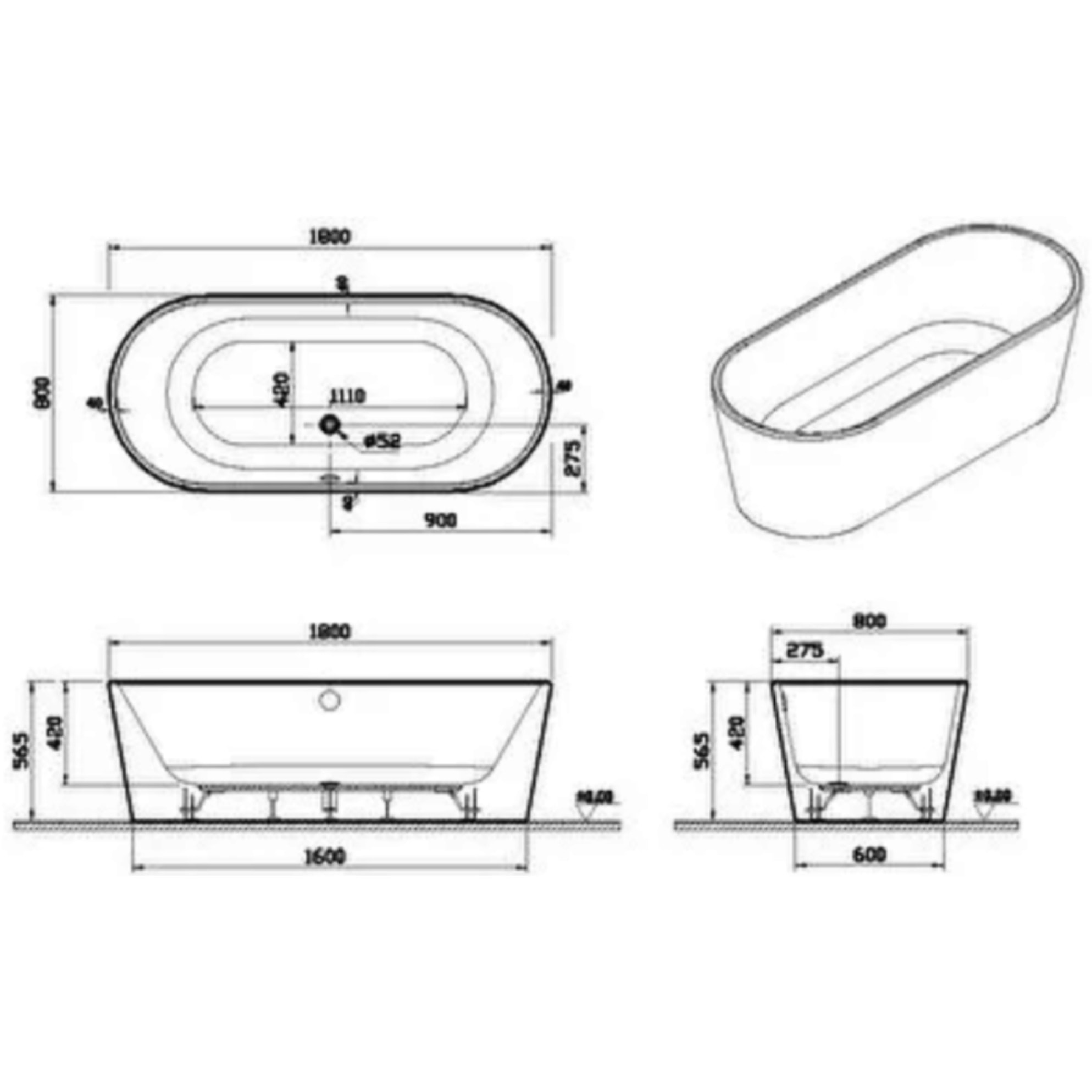 Baignoire îlot murale VITRA Geo 180x80 + pieds + siphon standard