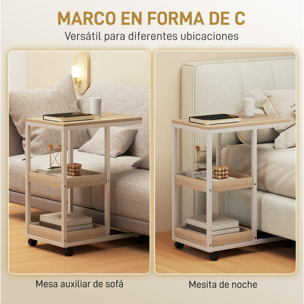 Mesa Auxiliar con Ruedas Mesa Auxiliar para Sofá en Forma de C con 2 Estantes Abiertos, Marco de Acero, para Salón, Dormitorio, 51x33x66 cm, Natural y Blanco