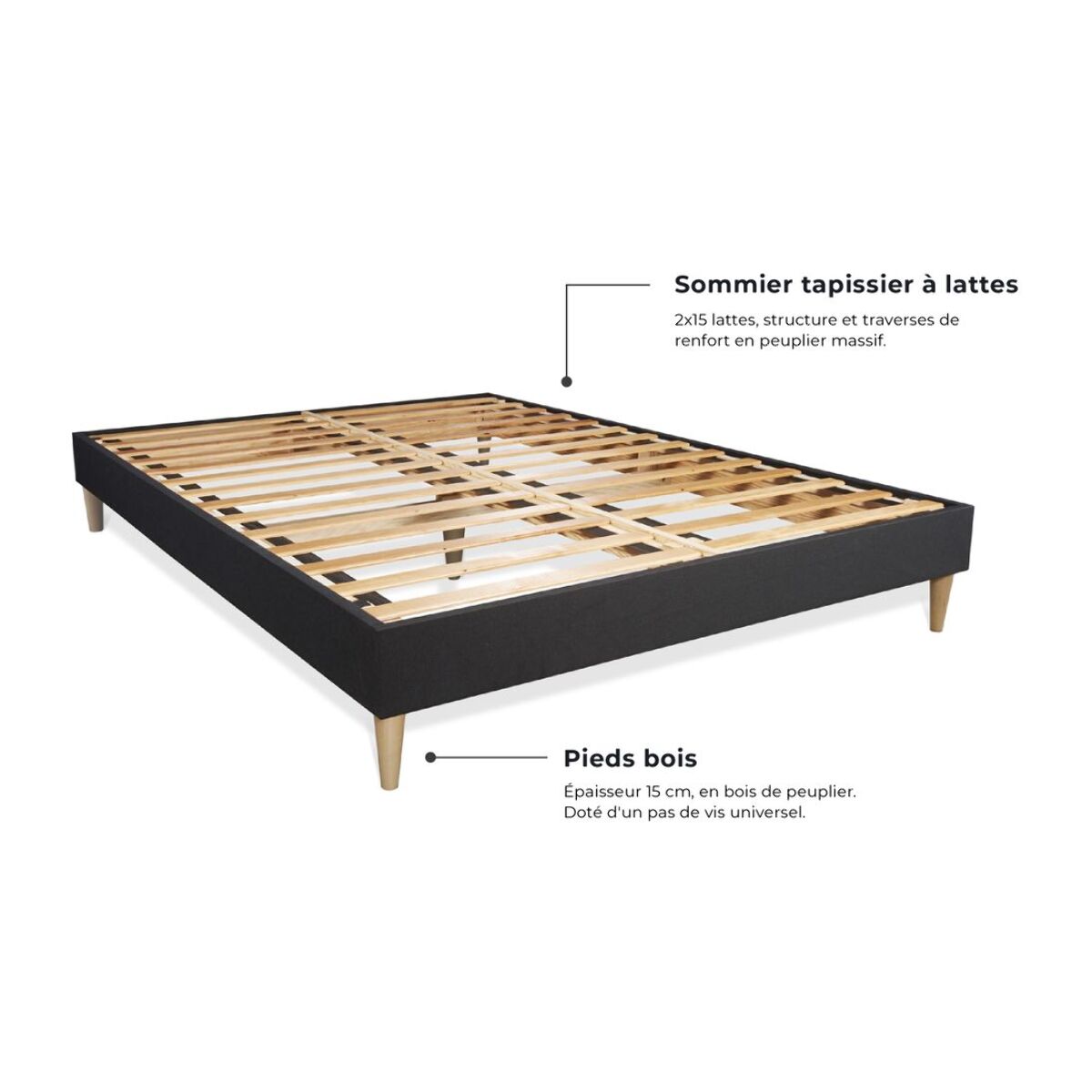 Ensemble - Matelas Hybride 22cm d'épaisseur - 3 zones de confort - Confort ferme - Sommier tapissier en kit - 2 places