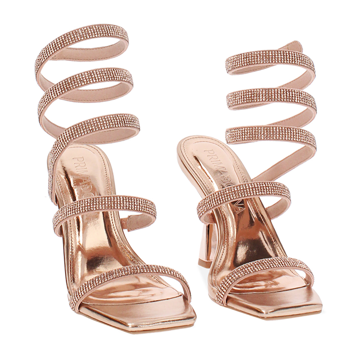Sandali donna rosa oro in laminato con pietre, tacco 9,5 cm