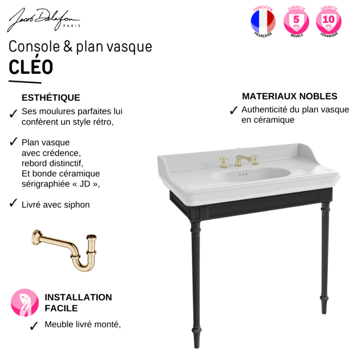 Console Cléo 1889 avec plan vasque 3 trous + colonne gauche + siphon or