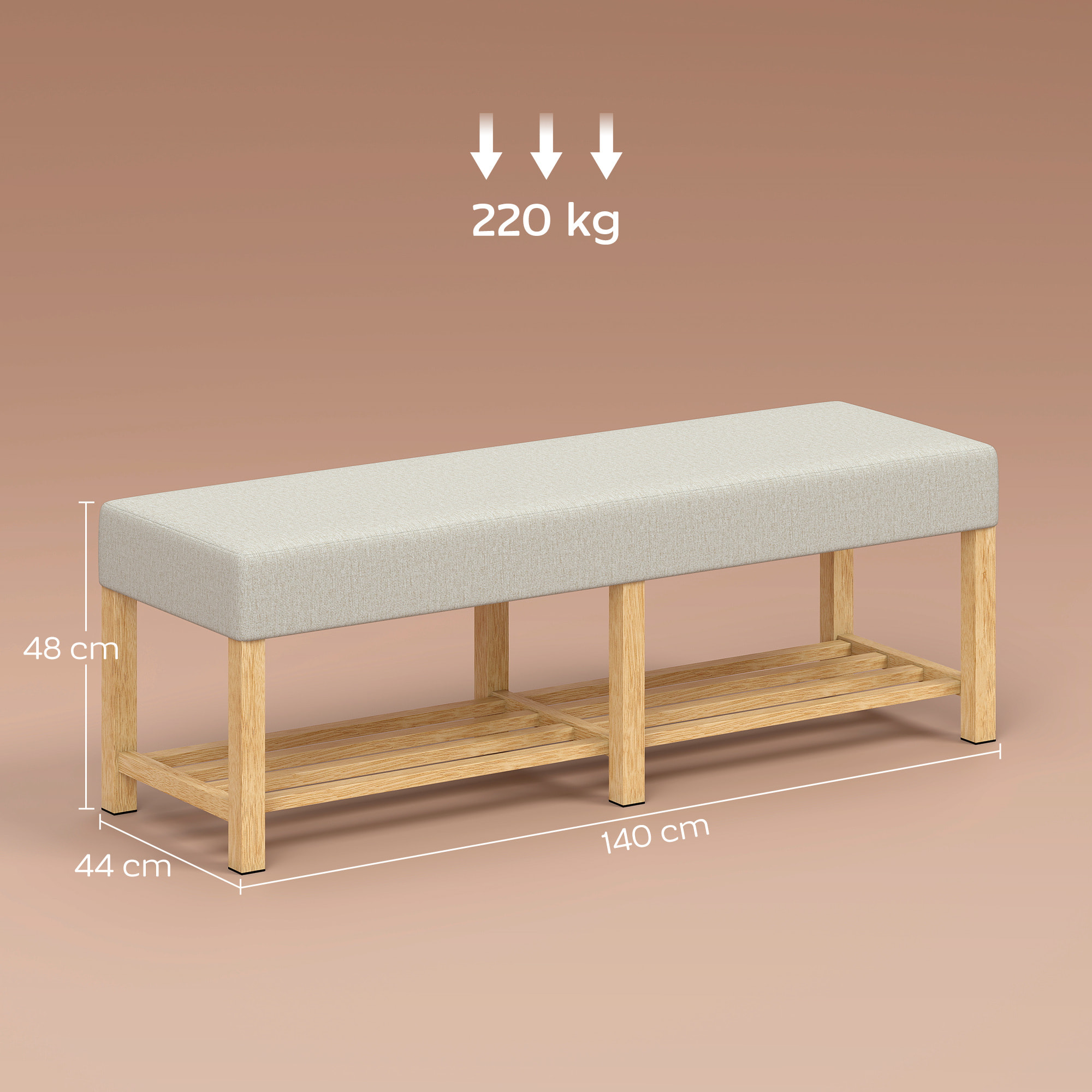 Banco Zapatero, Banco Recibidor Moderno, con Asiento Acolchado para 2 Personas, Estante Abierto, Marco de Madera, para Entrada, Pasillo, Salón, 140x44x48 cm, Crema y Madera Natural