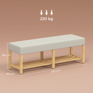 Banco Zapatero, Banco Recibidor Moderno, con Asiento Acolchado para 2 Personas, Estante Abierto, Marco de Madera, para Entrada, Pasillo, Salón, 140x44x48 cm, Crema y Madera Natural
