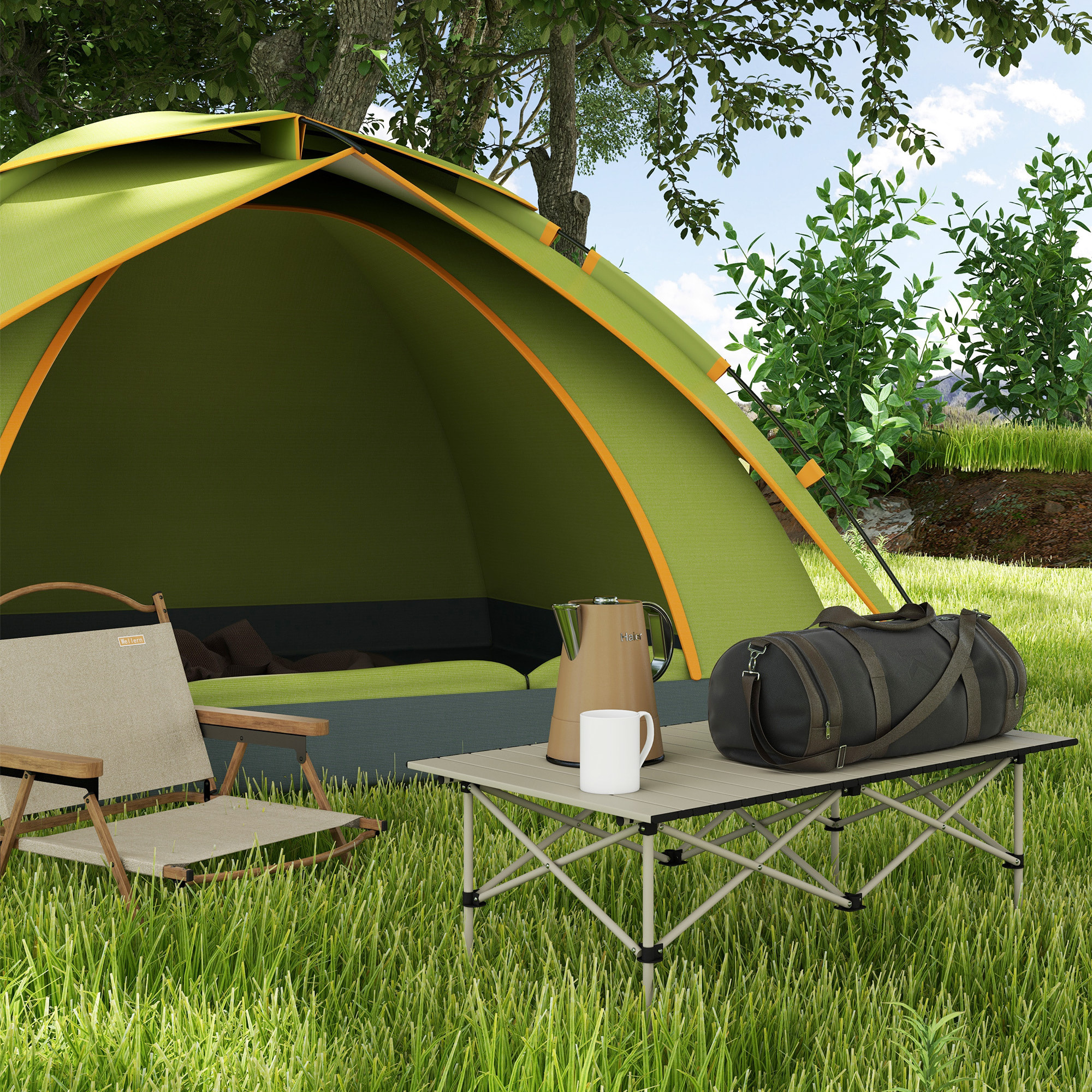 Mesa Plegable Camping de Aluminio 95x55x50 cm con Tapa Enrollable y Bolsa de Transporte Mesa de Picnic Portátil Ligera para Acampar Senderismo Playa Caqui
