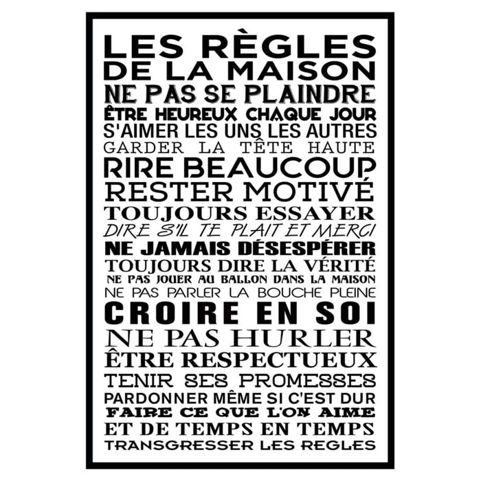 Affiche encadrée Les règles de la maison typographie noire et blanche Affiche + cadre en métal - Noir