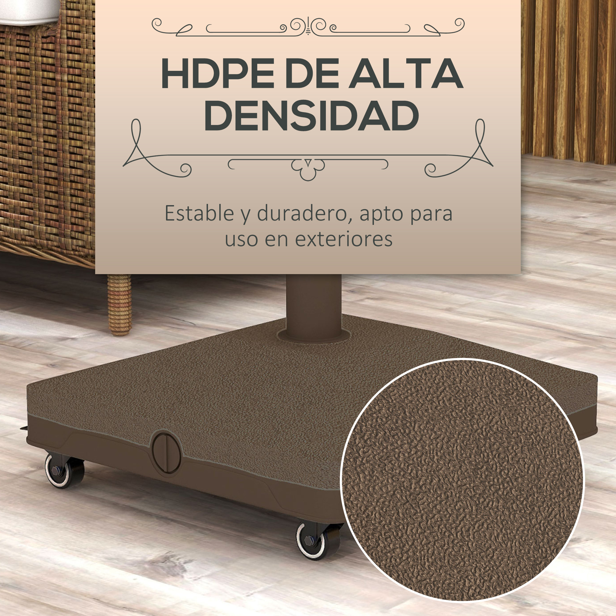 Base para Sombrilla con Ruedas, 2,5 kg, Soporte de Parasol de HDPE, Pie para Sombrilla con Postes Ø22 mm a Ø38 mm, Rellenable de Arena 18 kg o Agua 16 kg, para Jardín, Patio, Terraza, Marrón