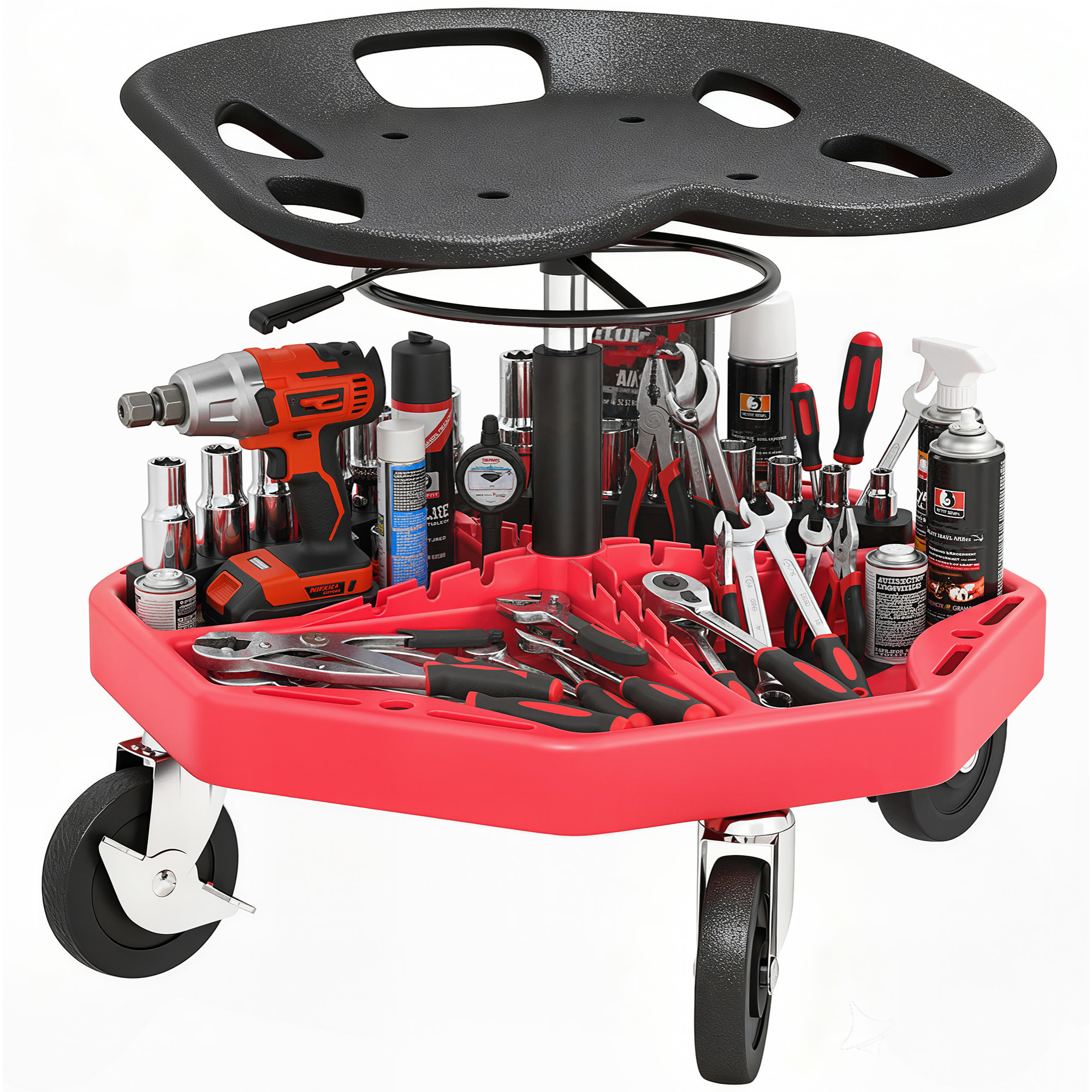 Taburete de Taller Móvil con Bandeja Magnética, Altura Ajustable de 52â‚¬â€œ59,5 cm, Carga 135 kg, Asiento Taburete para Mecánico con Ruedas, para Garaje, Reparación de Automóviles, Rojo