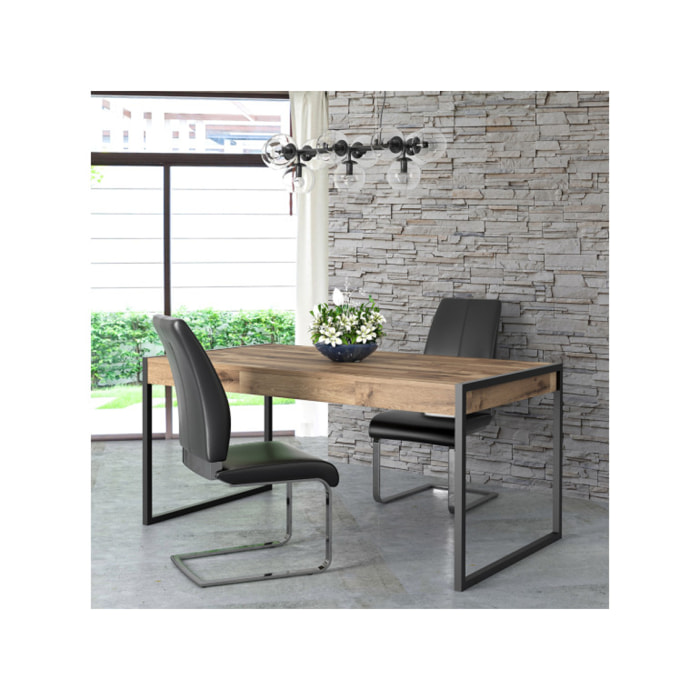 Table de repas en bois effet et métal noir 2 tiroirs L166cm - BUDDY