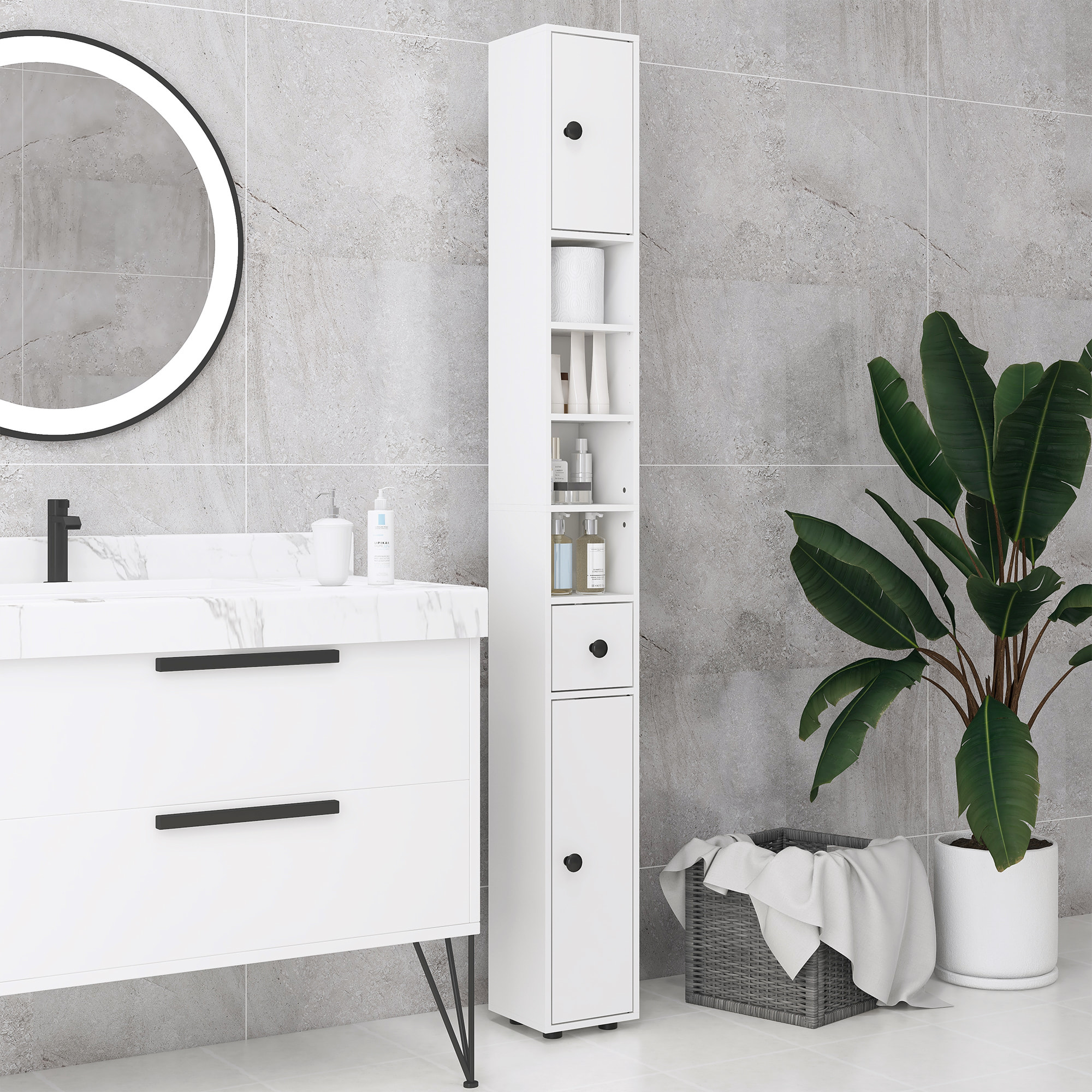 Mueble Auxiliar Baño Moderno Armario Alto de Baño con 1 Cajón 5 Estantes Ajustables y 2 Armarios Mueble de Almacenaje para Salón Dormitorio Carga 30 kg 20x20x180 cm Blanco