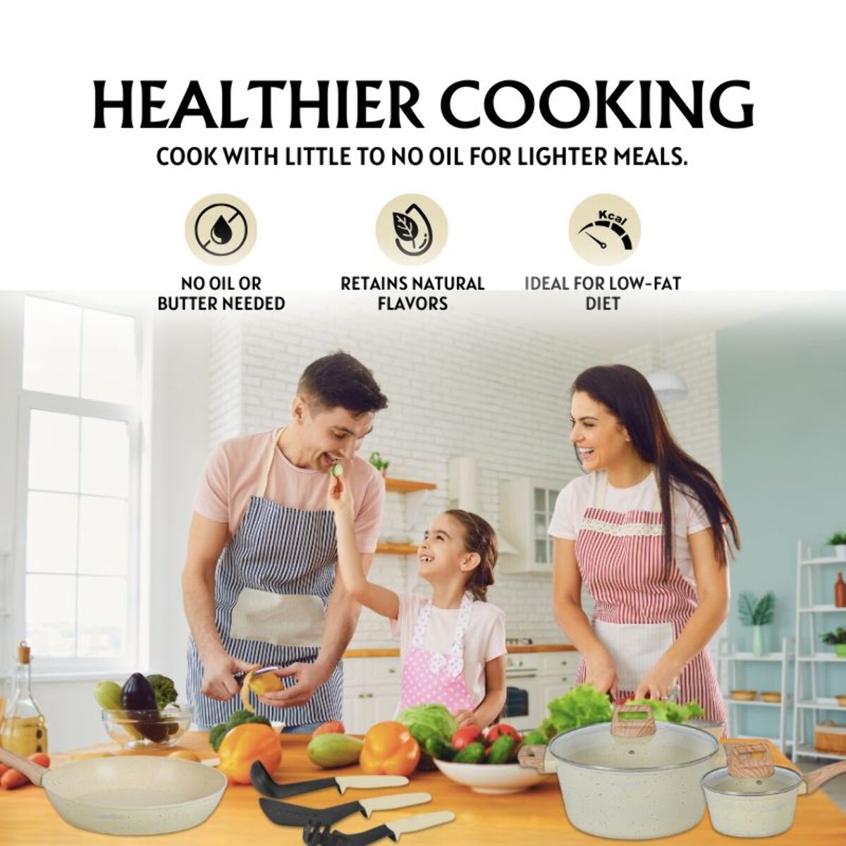 Batterie de cuisine 14 pièces avec revêtement en granit et manche en bois Beige Herzberg HGWDBEJ14-BEI