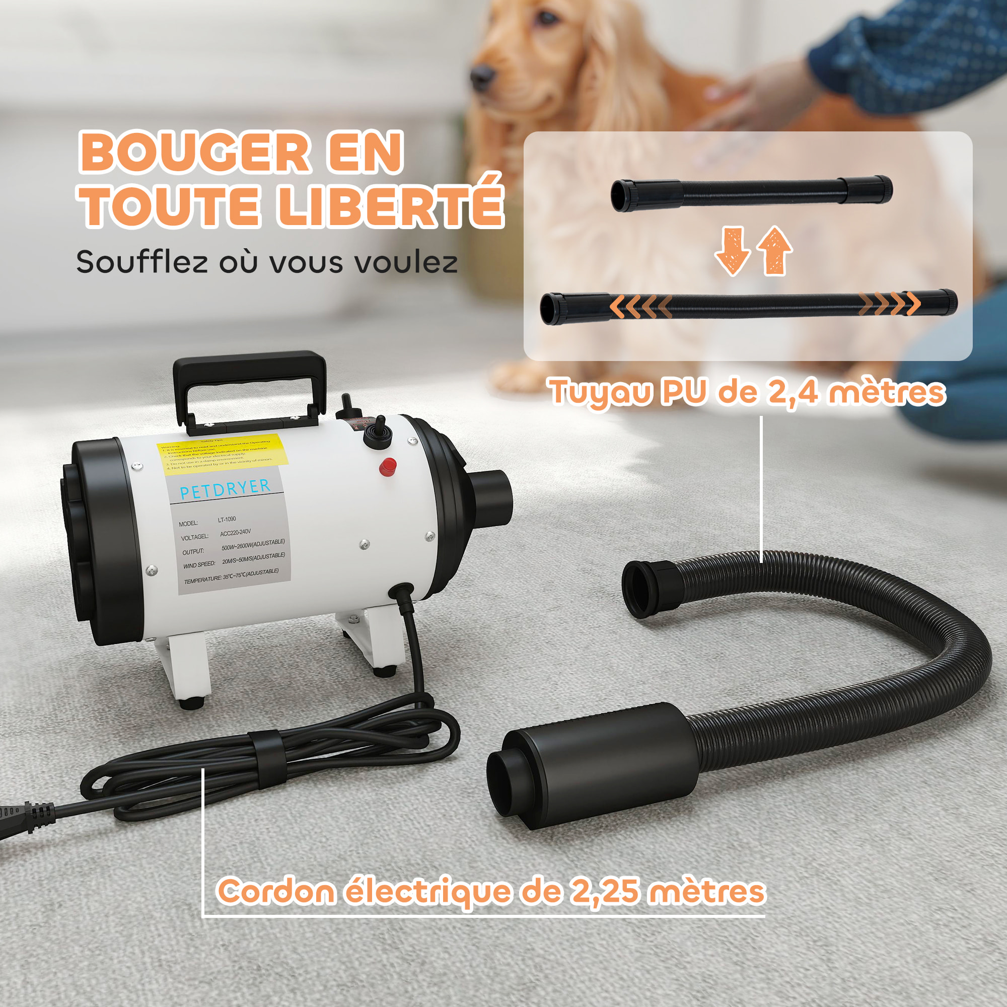 Séchoir pulseur chien professionnel 2200W 3 buses 3 températures réglables poignée blanc