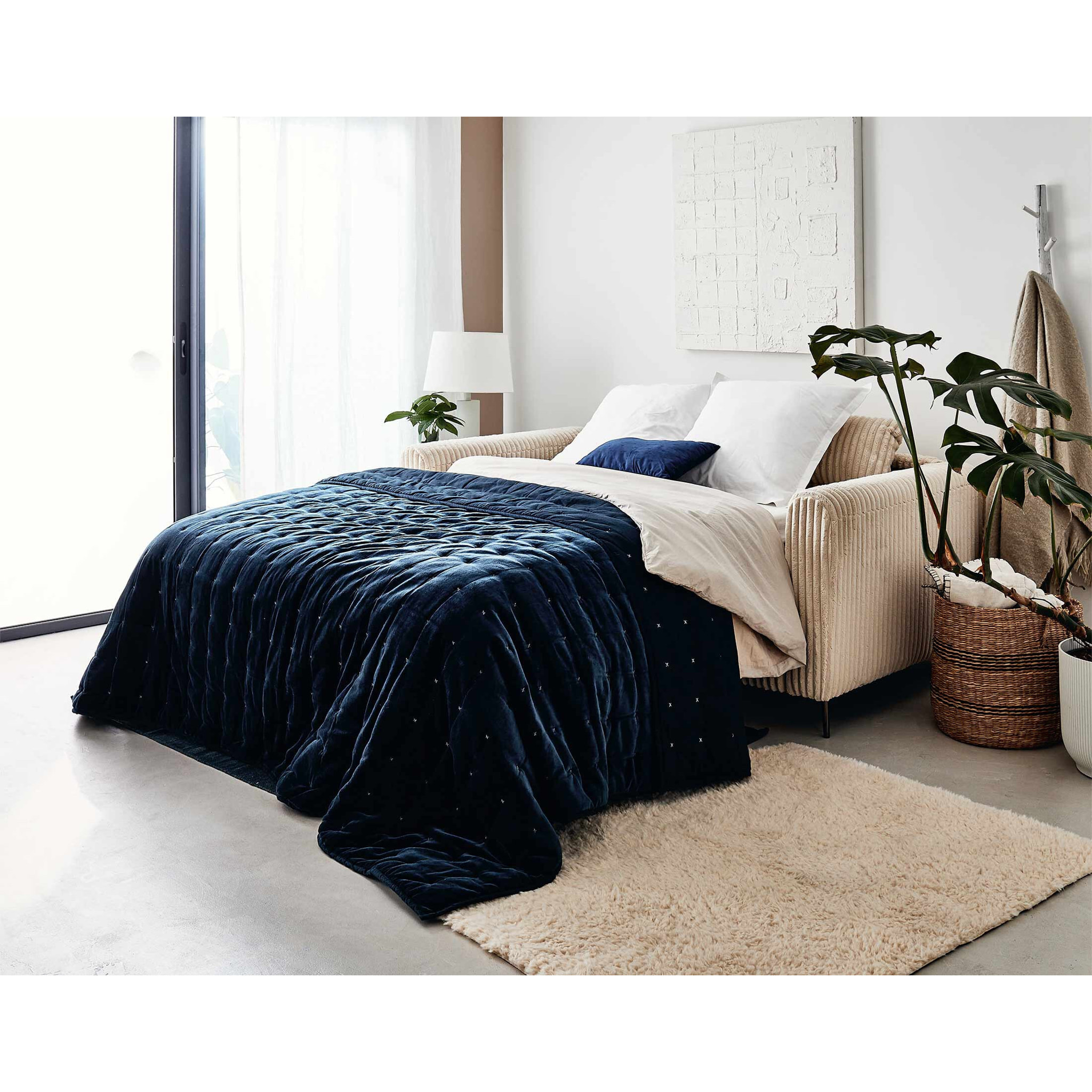 Owen - canapé lit 3 places convertible express couchage quotidien 140 cm matelas 12 cm en velours côtelé grosses côtes - Beige