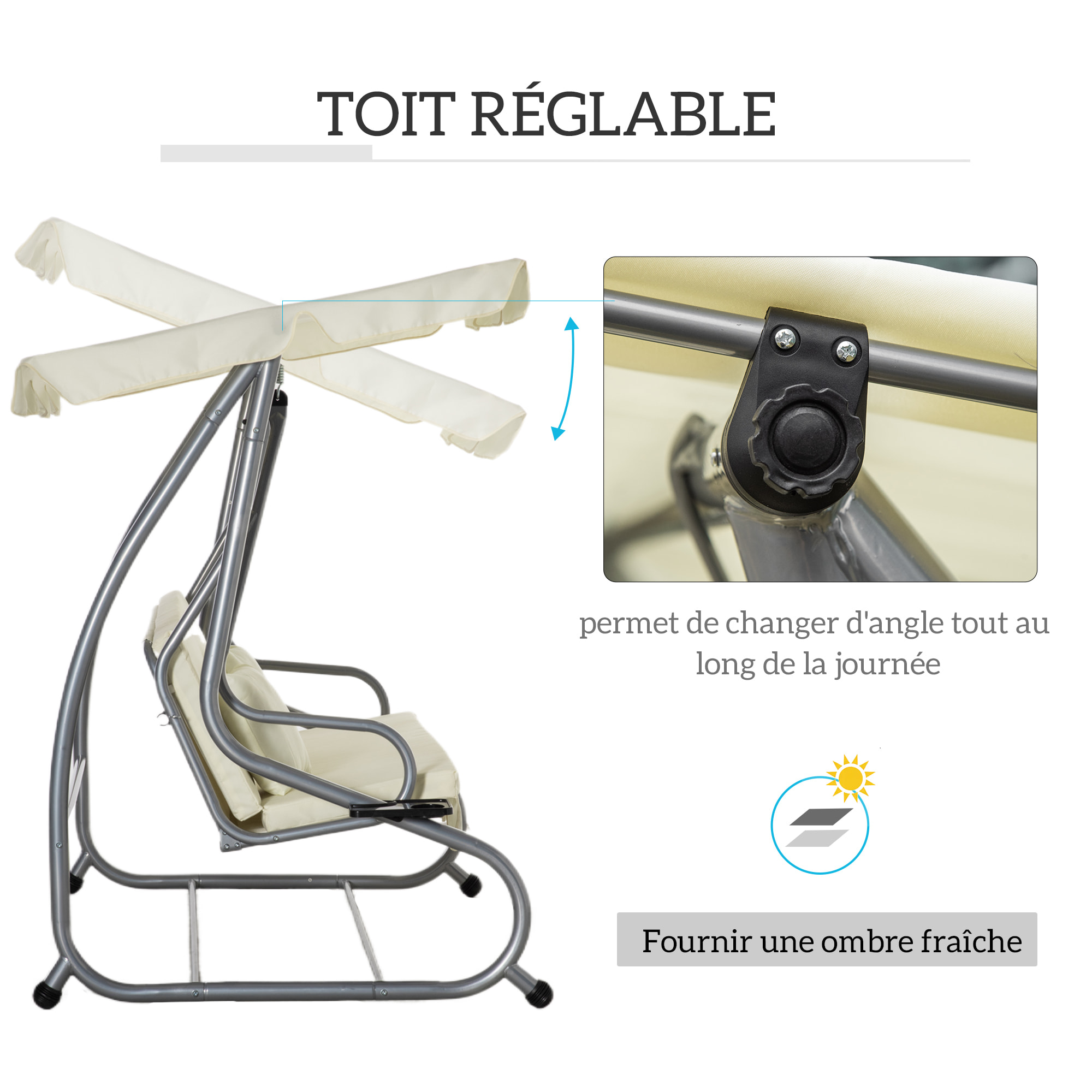 Balancelle de jardin 3 places convertible toit inclinaison réglable 2 tablettes support acier époxy gris polyester crème