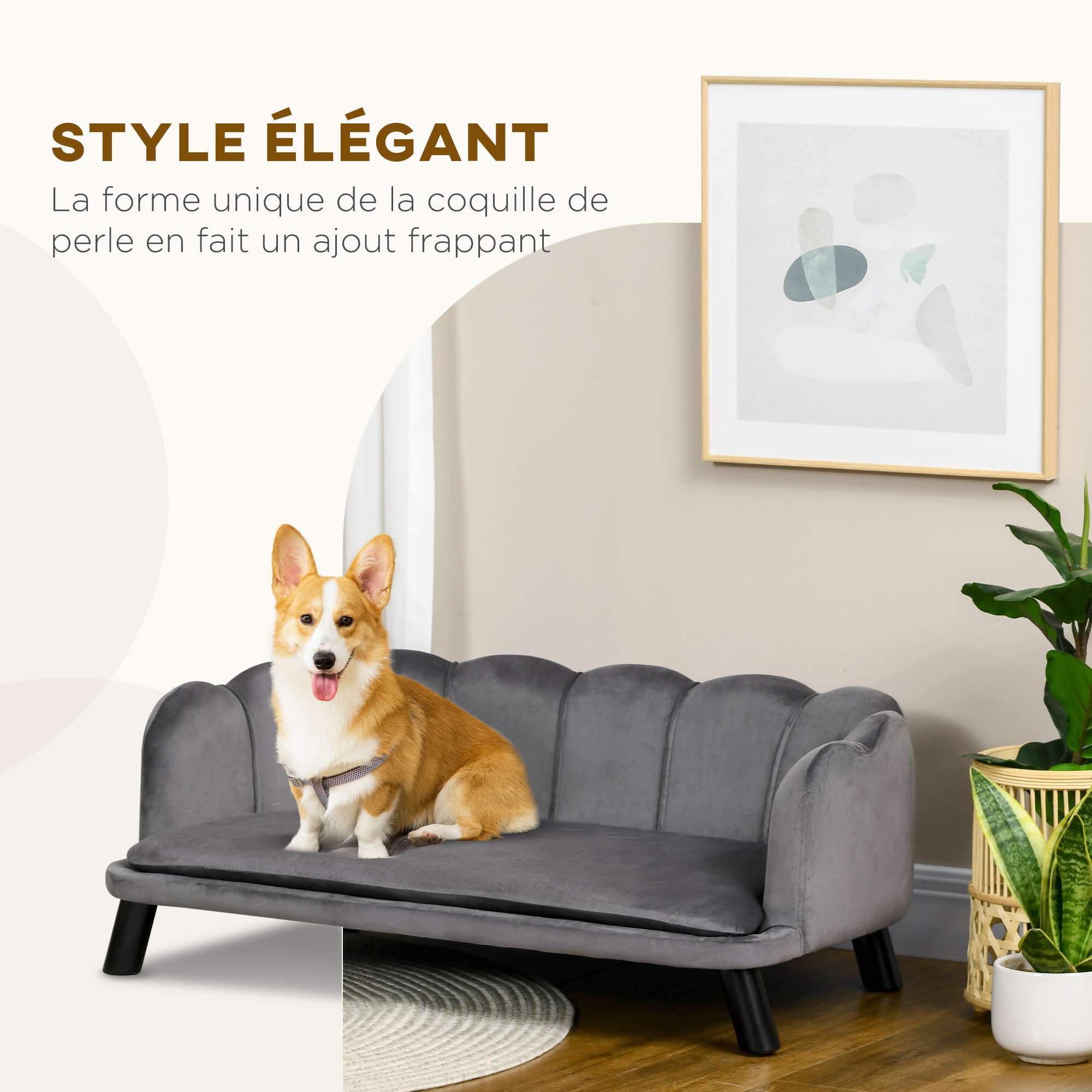 Canapé chien lit pour chien chat design contemporain coquillage dim. 98L x 60l x 35H cm coussin moelleux velours gris