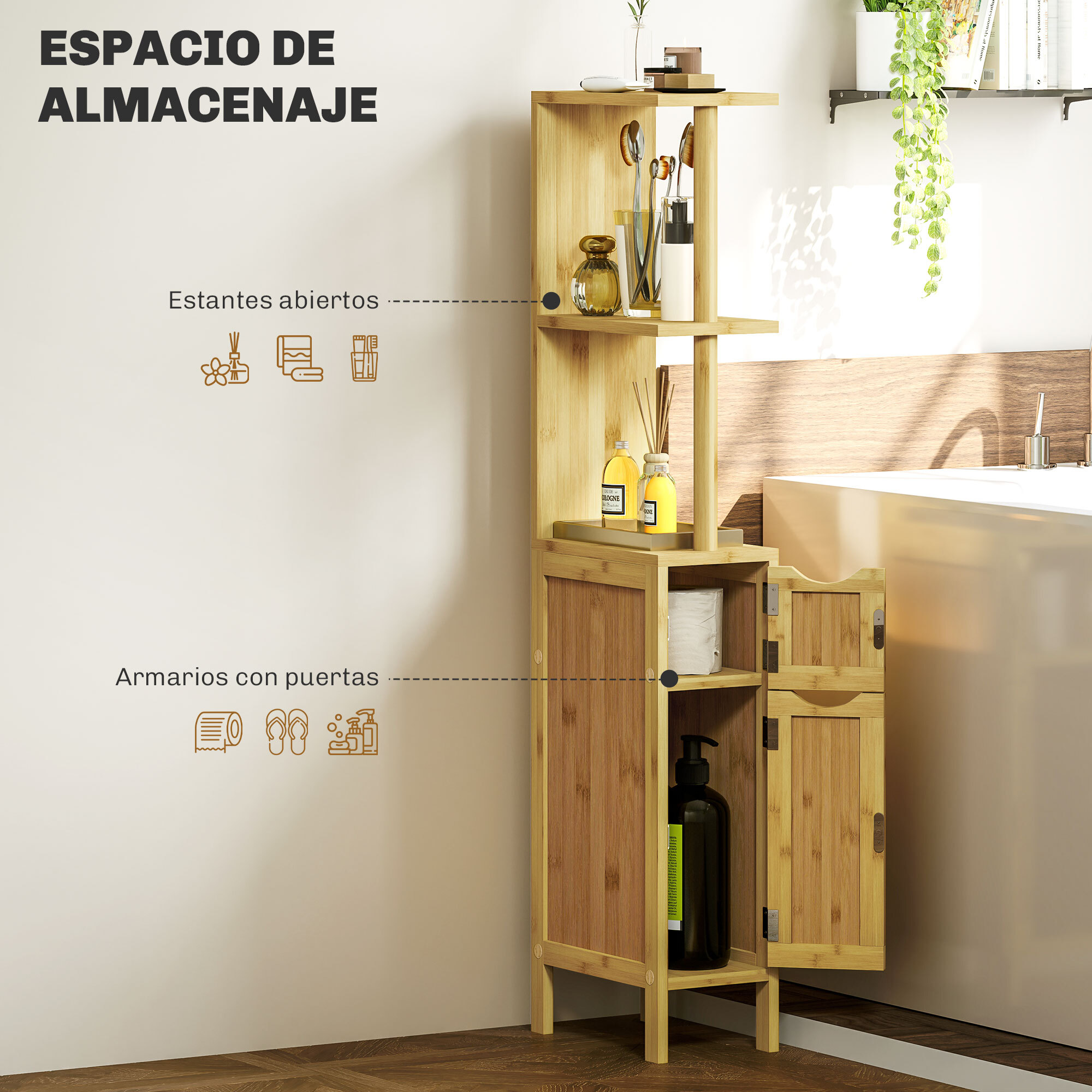 Columna de Baño Mueble de Baño con Puertas y Estantes Abiertos Armario de Baño Moderno 18x30x120 cm Natural