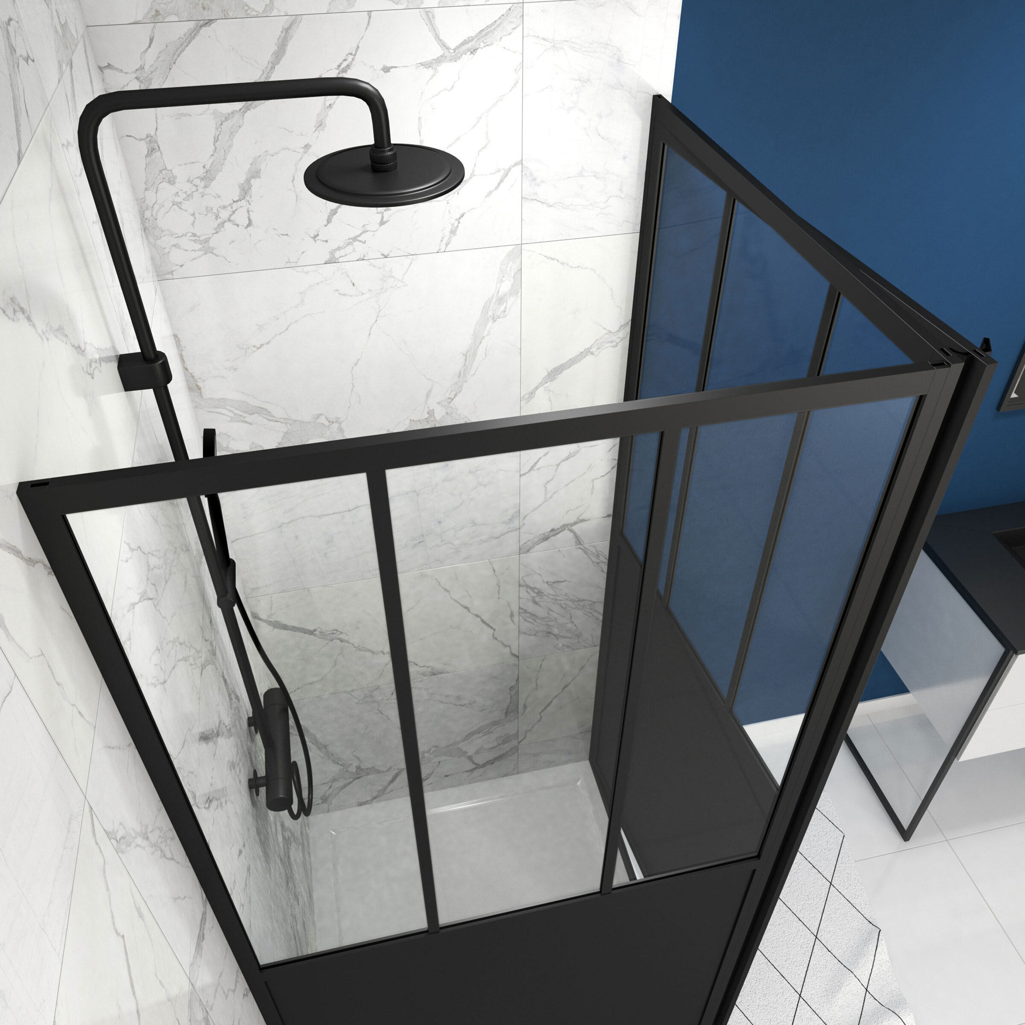 Porte de douche pivotante + paroi retour atelier - 90x200cm PROFILE NOIR MAT - verre 5mm