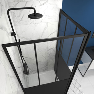 Porte de douche pivotante + paroi retour atelier - 90x200cm PROFILE NOIR MAT - verre 5mm