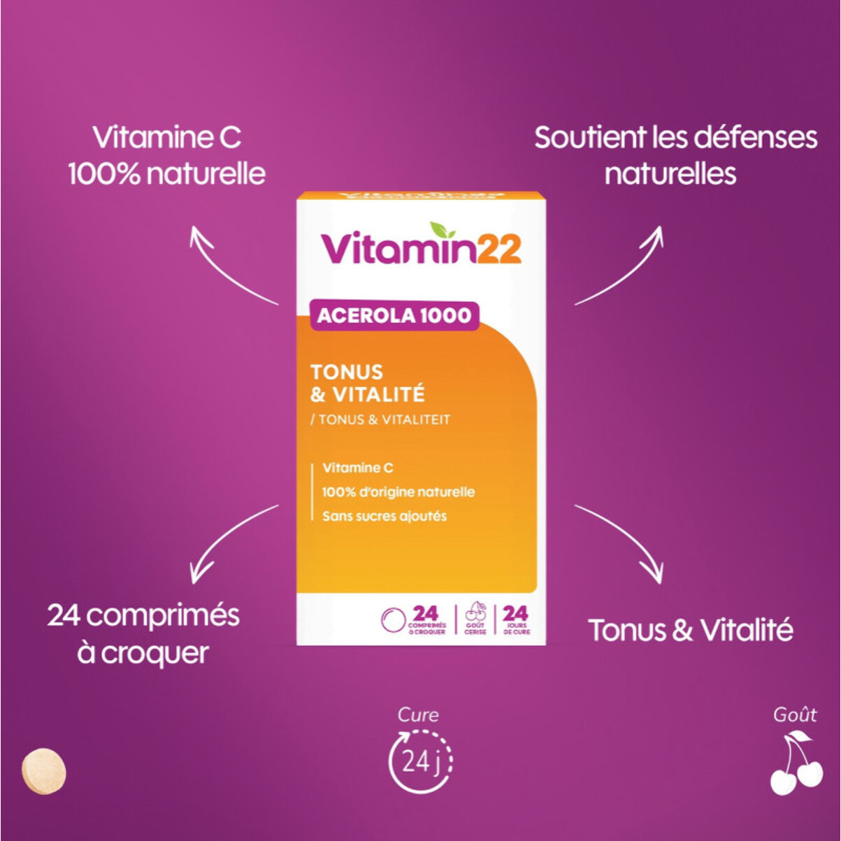 VITAMIN'22 - Acerola 1000 - Complément alimentaire à base d'Acérola- Vitamine C 100% d'origine naturelle - Sans sucre - Sans gluten - Goût Cerise - Cure de 24 j - Lot de 3 produits