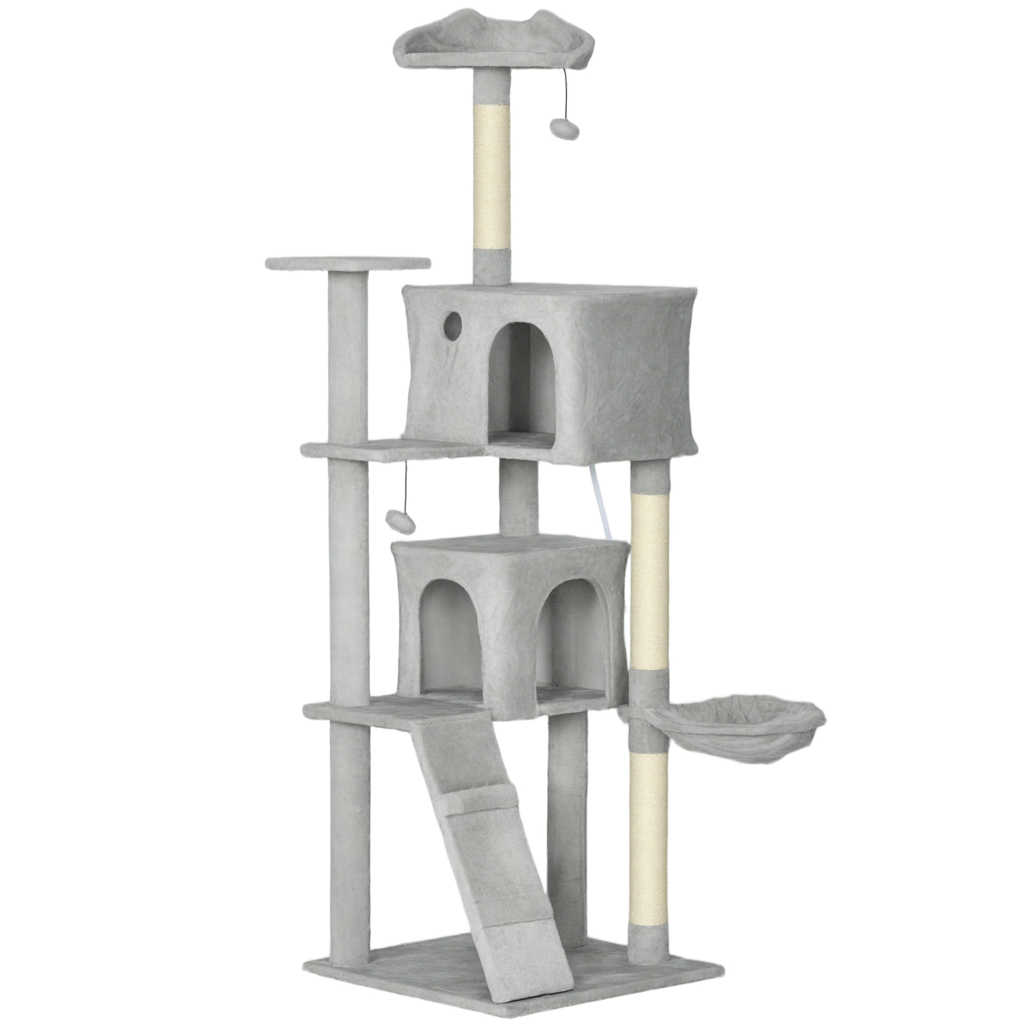 Arbre à chat grande taille H.180cm - niches, hamac, griffoirs, plateformes - gris clair