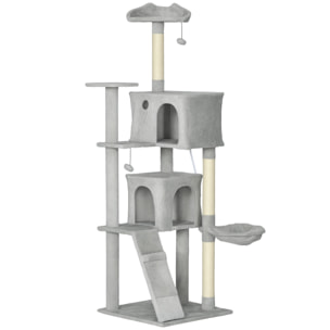 Arbre à chat grande taille H.180cm - niches, hamac, griffoirs, plateformes - gris clair