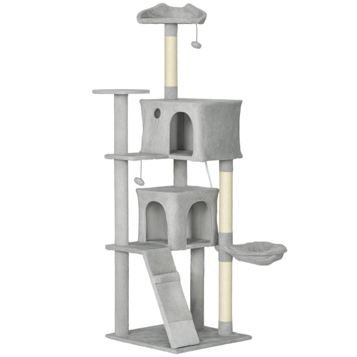 Arbre à chat grande taille H.180cm - niches, hamac, griffoirs, plateformes - gris clair